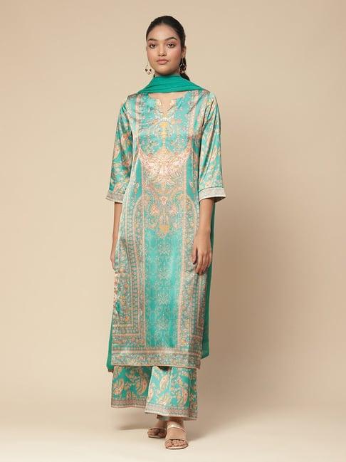 aarke ritu kumar aqua printed kurta with palazzos & dupatta