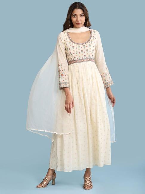 aarke ritu kumar beige embroidered kurta with leggings and dupatta