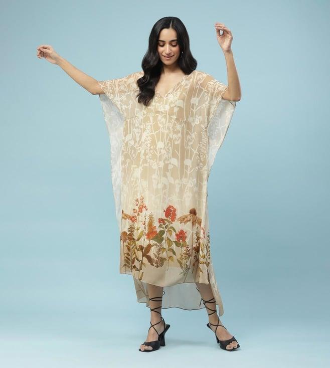 aarke ritu kumar beige floral print kaftan kurta with camisole