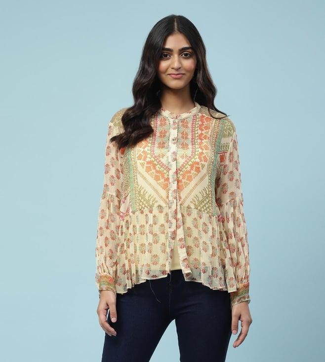 aarke ritu kumar beige geometric print top with camisole