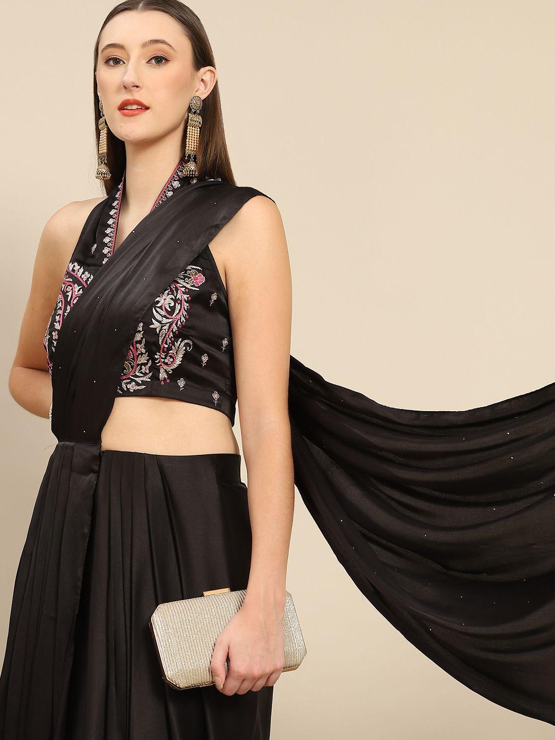 aarke ritu kumar black & pink embroidered satin ready to wear saree