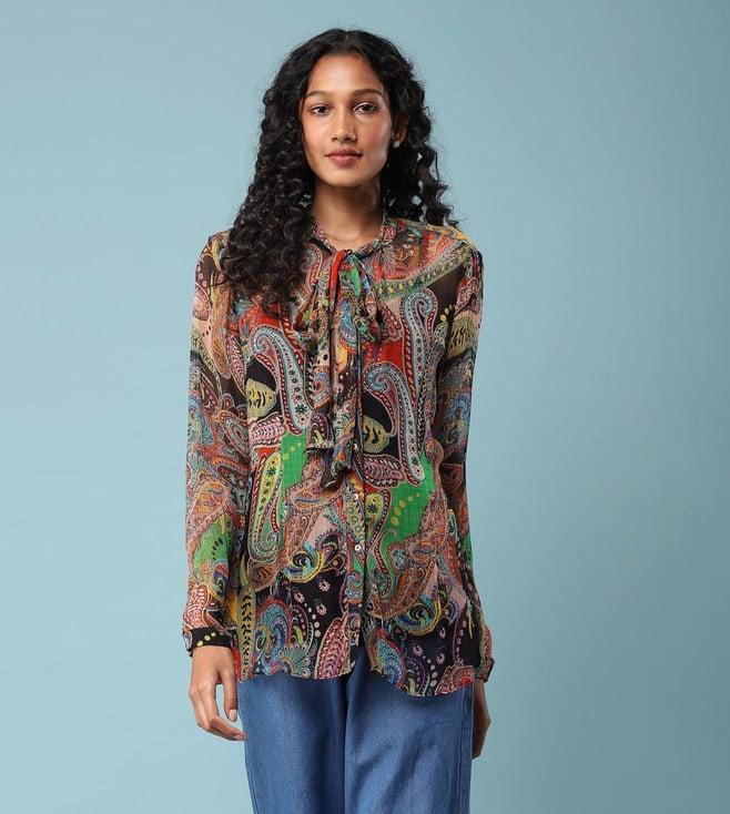 aarke ritu kumar black paisley print tie-up shirt with inner