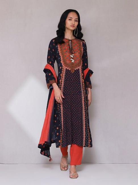 aarke ritu kumar black printed kurta with pants & dupatta