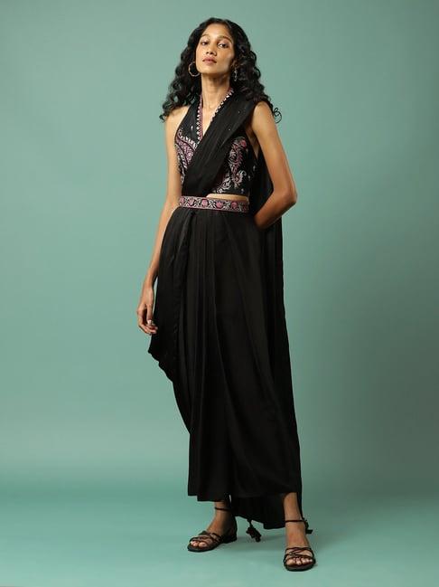 aarke ritu kumar black printed ready to wear saree with blouse