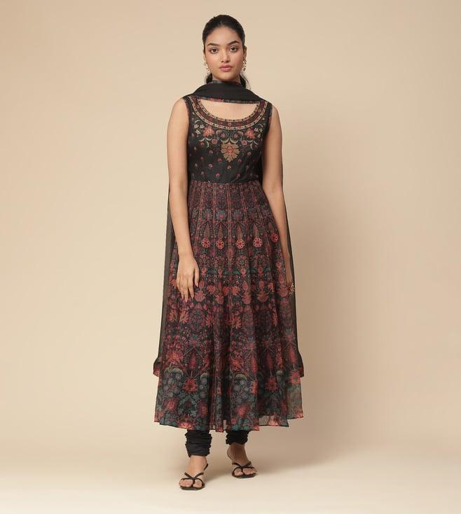 aarke ritu kumar black turbat floral print kurta with churidar and dupatta