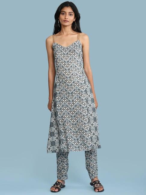 aarke ritu kumar blue & white printed kurta with pants