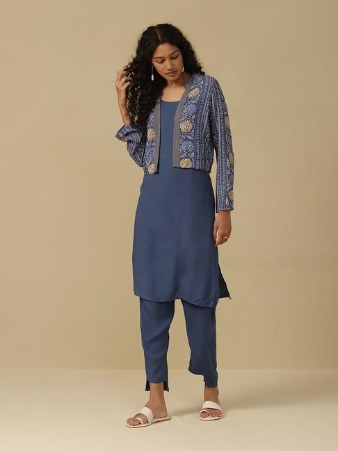 aarke ritu kumar blue floral print kurta & pant set with jacket