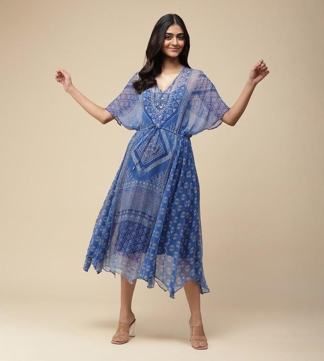 aarke ritu kumar blue geometric print kaftan dress with camisole