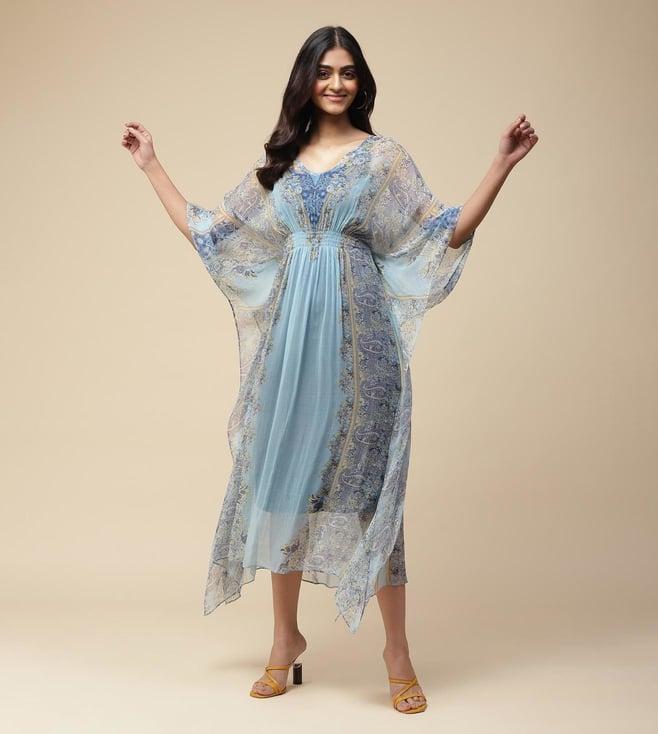 aarke ritu kumar blue paisley print kaftan dress with camisole