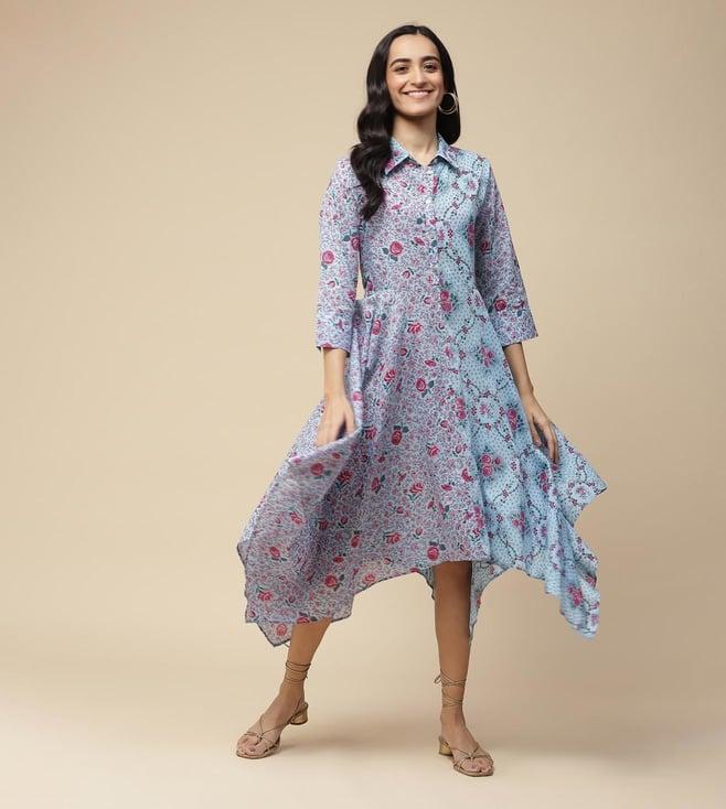 aarke ritu kumar blue printed cotton shirt dress