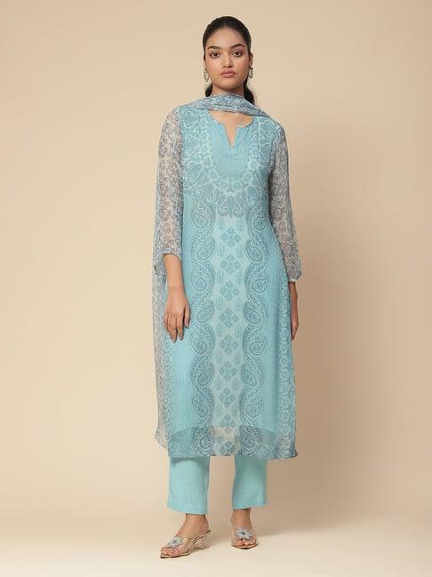 aarke ritu kumar blue printed kurta with pants & dupatta