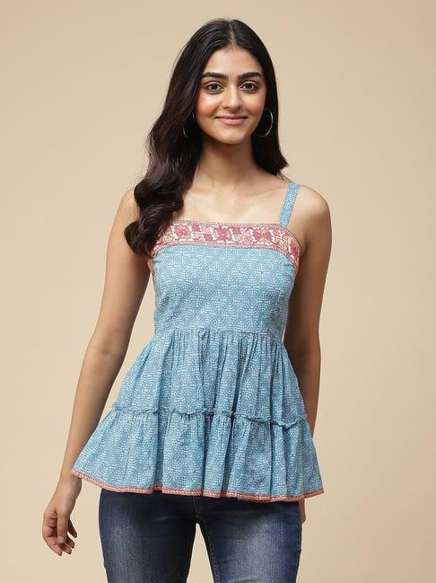 aarke ritu kumar blue printed peplum top