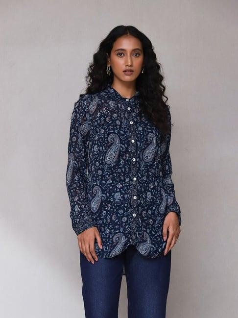 aarke ritu kumar blue printed shirt with camisole