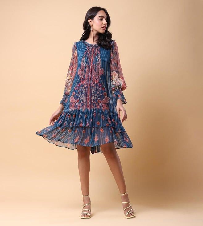 aarke ritu kumar blue printed short dress with inner