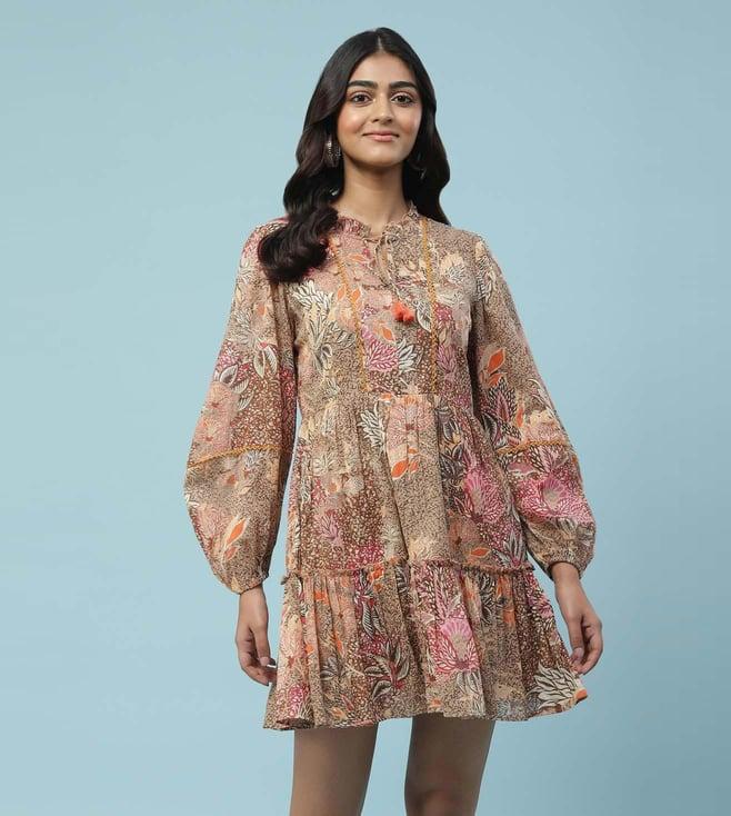 aarke ritu kumar brown botanical print short dress