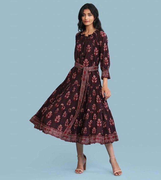 aarke ritu kumar brown printed midi dress with belt