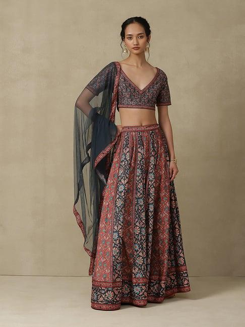 aarke ritu kumar dark green & rust printed lehenga with choli & dupatta