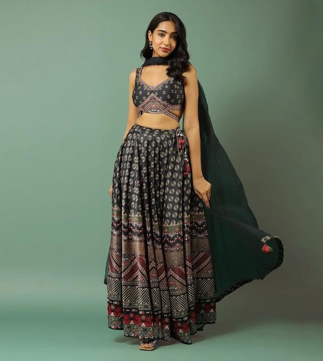 aarke ritu kumar dark green printed lehenga with blouse and dupatta