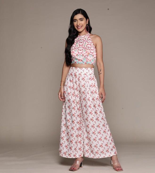 aarke ritu kumar ecru printed halter neck top with pant co-ord set