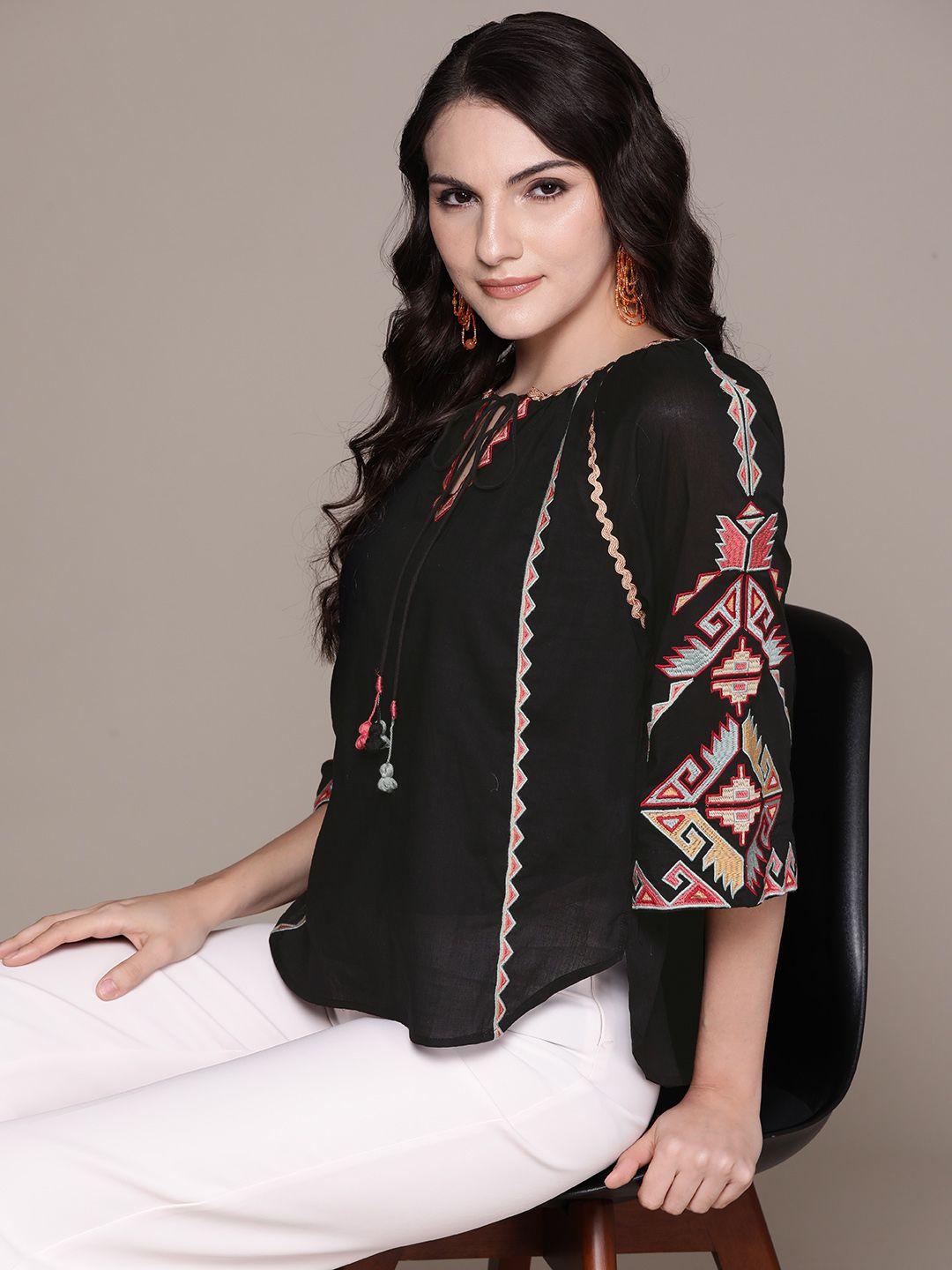 aarke ritu kumar embroidered tie-up neck flared sleeve cotton top