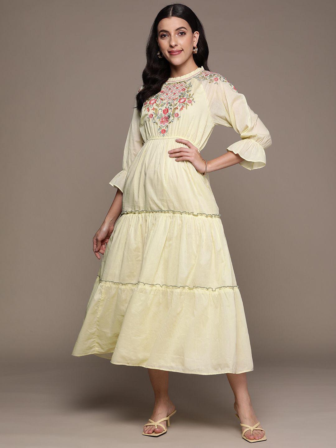 aarke ritu kumar floral embroidered puff sleeve ethnic cotton a-line midi dress