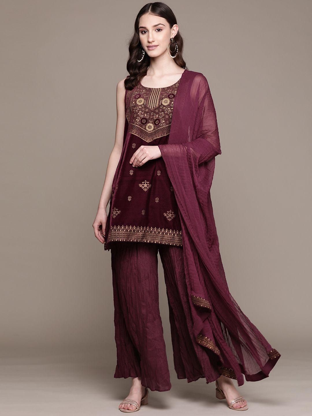 aarke ritu kumar floral embroidered thread work velvet kurti with sharara & dupatta