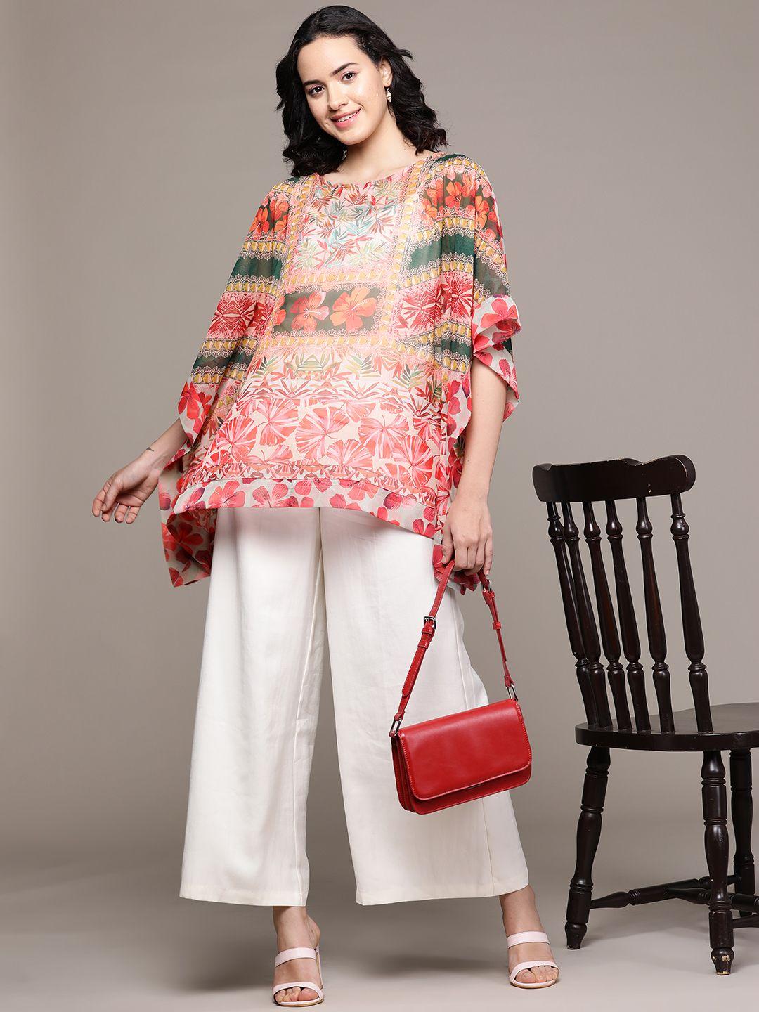 aarke ritu kumar floral print flared sleeves chiffon kaftan longline top with camisole