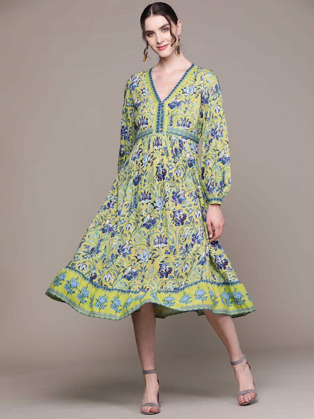 aarke ritu kumar floral print puff sleeve a-line midi dress