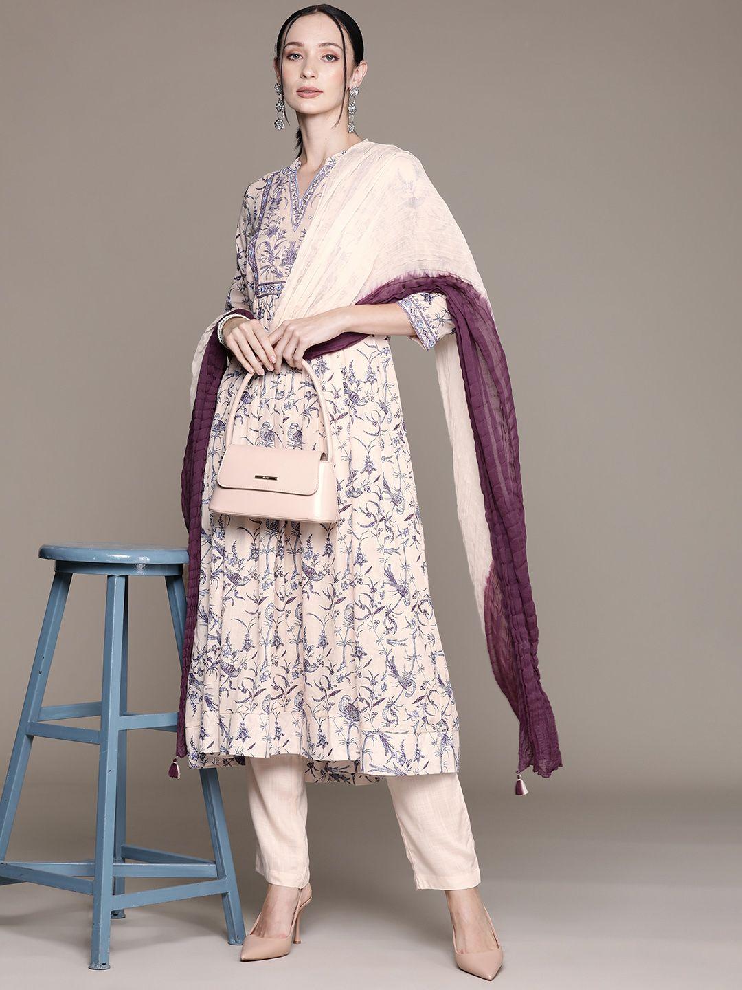 aarke ritu kumar floral printed mirror work kurta with trousers & dupatta