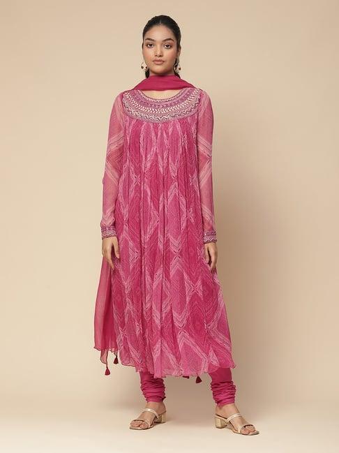 aarke ritu kumar fuchsia printed kurta with churidar & dupatta