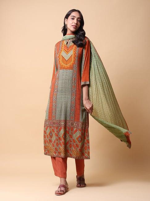 aarke ritu kumar green & rust printed kurta with pant & dupatta