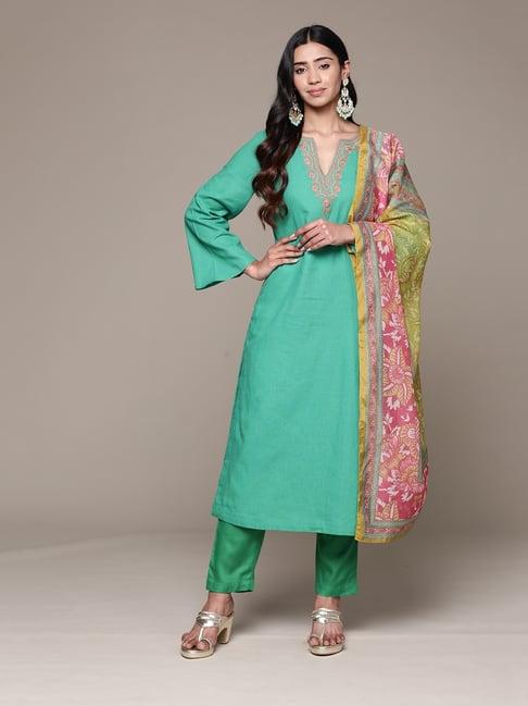 aarke ritu kumar green cotton slub kurta with pant and dupatta set