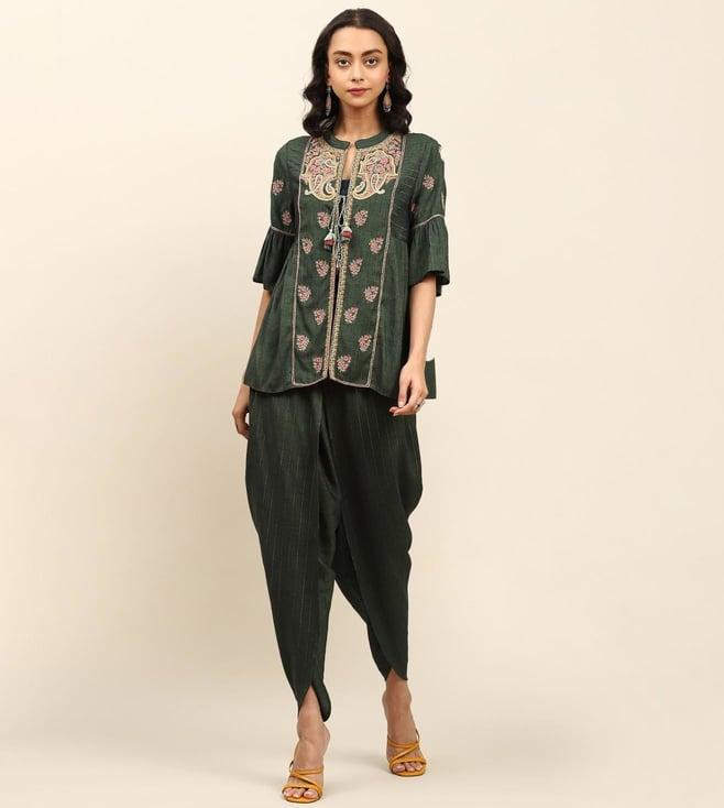 aarke ritu kumar green embroidered jacket with pants and camisole cord set