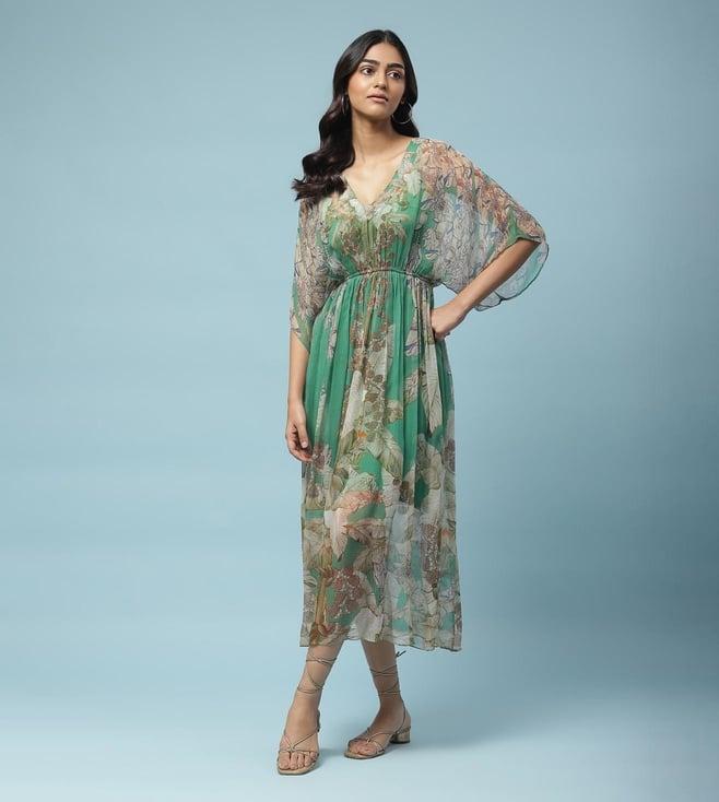 aarke ritu kumar green floral print kaftan kurta with camisole