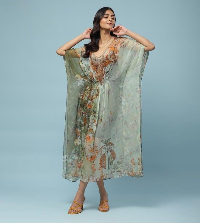 aarke ritu kumar green floral print kaftan with camisole