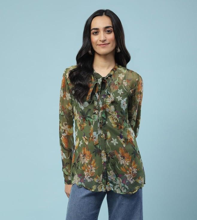 aarke ritu kumar green floral print tie-up shirt with camisole