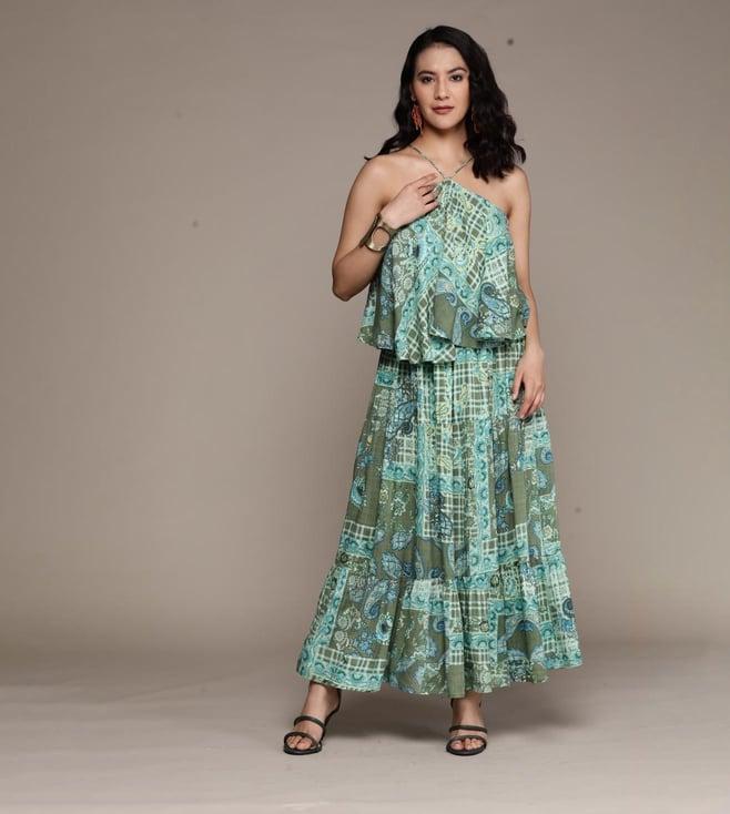 aarke ritu kumar green printed halter neck top with skirt co-ord set