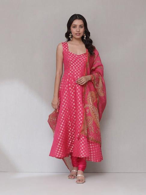 aarke ritu kumar magenta printed anarkali kurta with pants & dupatta