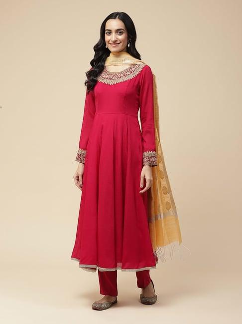 aarke ritu kumar maroon embroidered anarkali kurta with churidar & dupatta