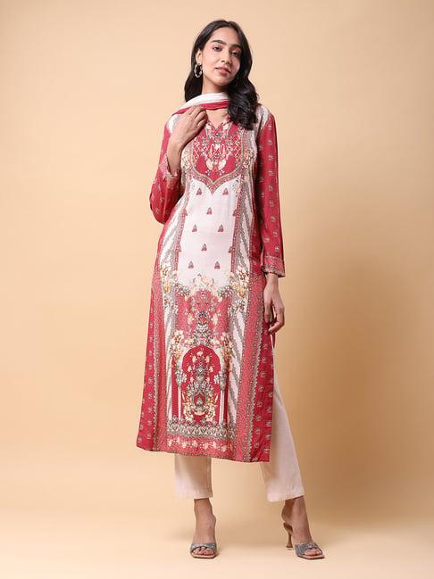 aarke ritu kumar maroon printed kurta with pant and dupatta