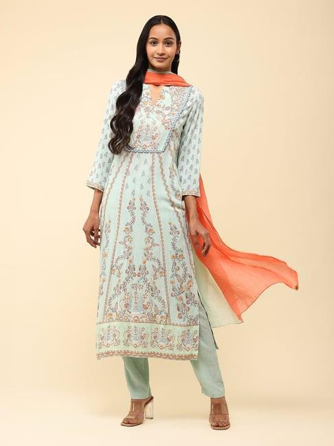 aarke ritu kumar mint green printed kurta with pant & dupatta