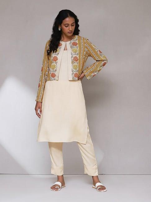 aarke ritu kumar mustard & cream floral print kurta & pant set with jacket
