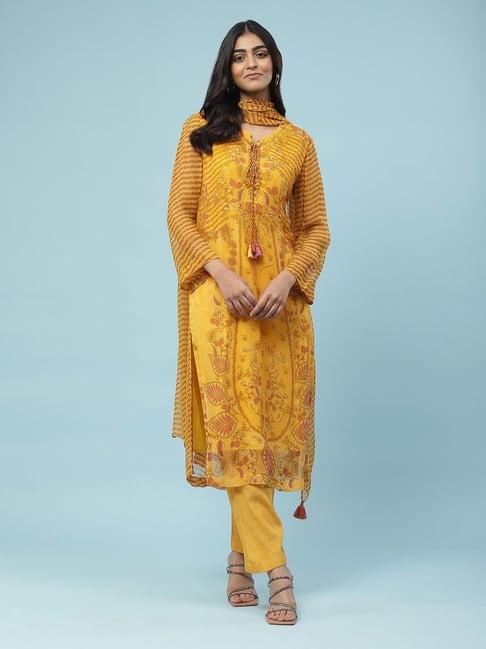 aarke ritu kumar mustard printed kurta with pant & dupatta