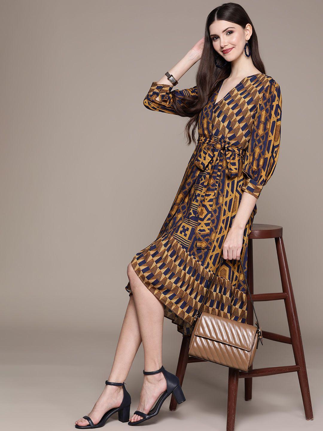 aarke ritu kumar mustard yellow & navy blue printed wrap dress