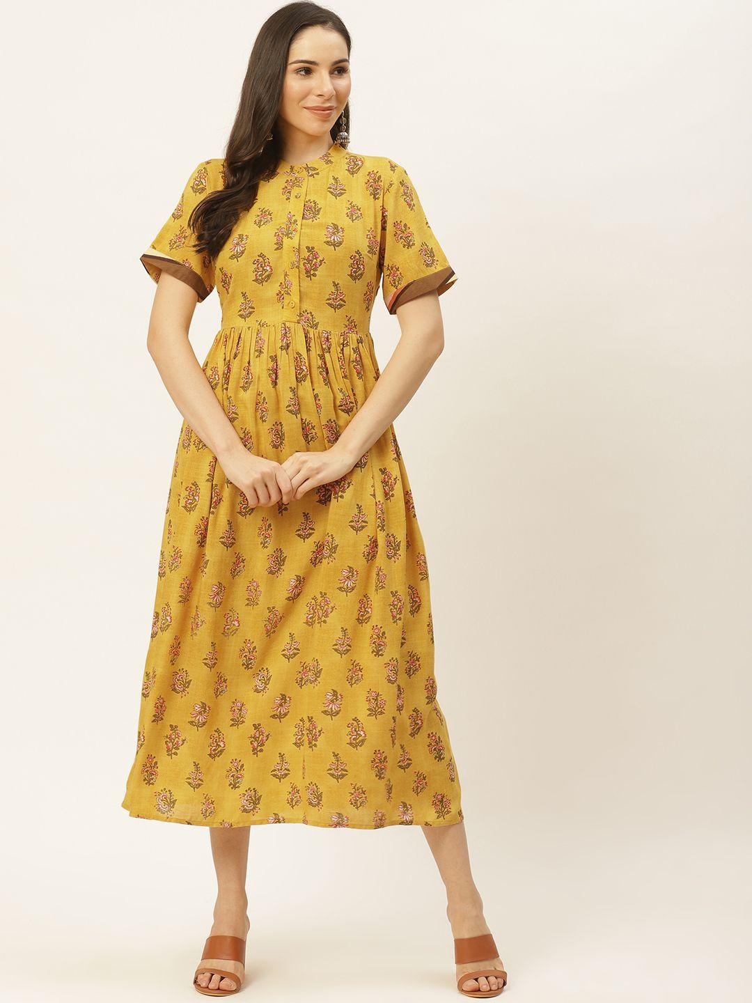 aarke ritu kumar mustard yellow & olive green floral printed a-line midi dress