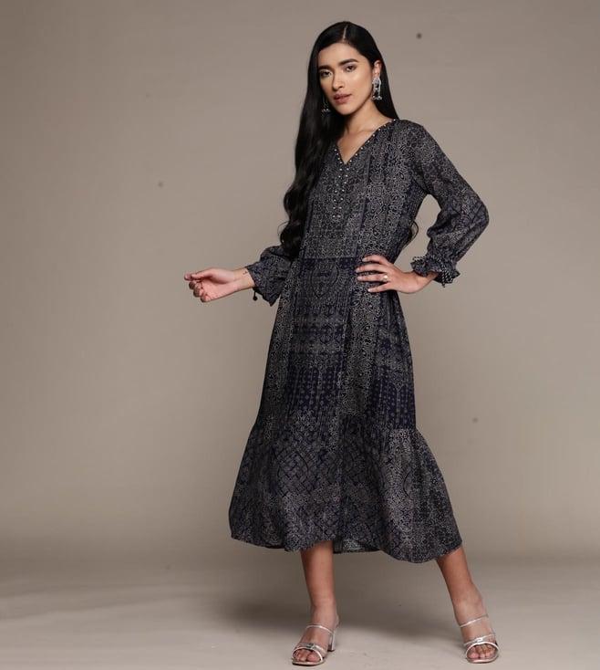 aarke ritu kumar navy blue printed long dress