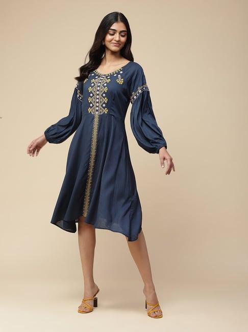 aarke ritu kumar navy embroidered midi dress