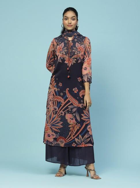 aarke ritu kumar navy floral print kurta with palazzos & dupatta