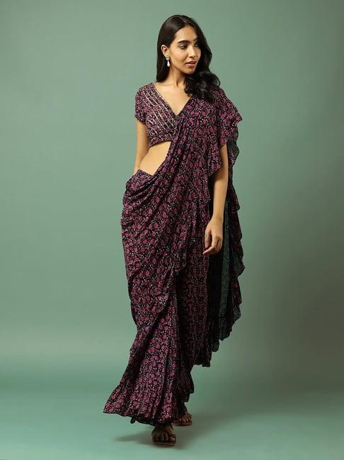 aarke ritu kumar navy printed ready to wear saree with blouse