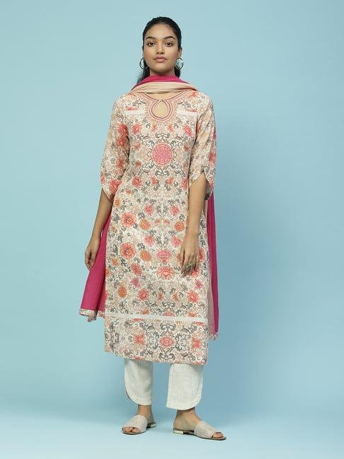 aarke ritu kumar off white floral print kurta with pants & dupatta